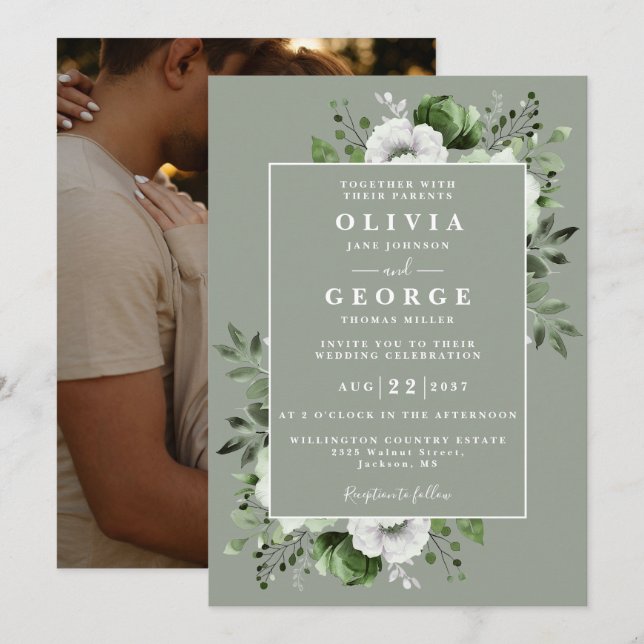 Invitación Sage Green Elegant Botanic Photo Boda (Anverso / Reverso)