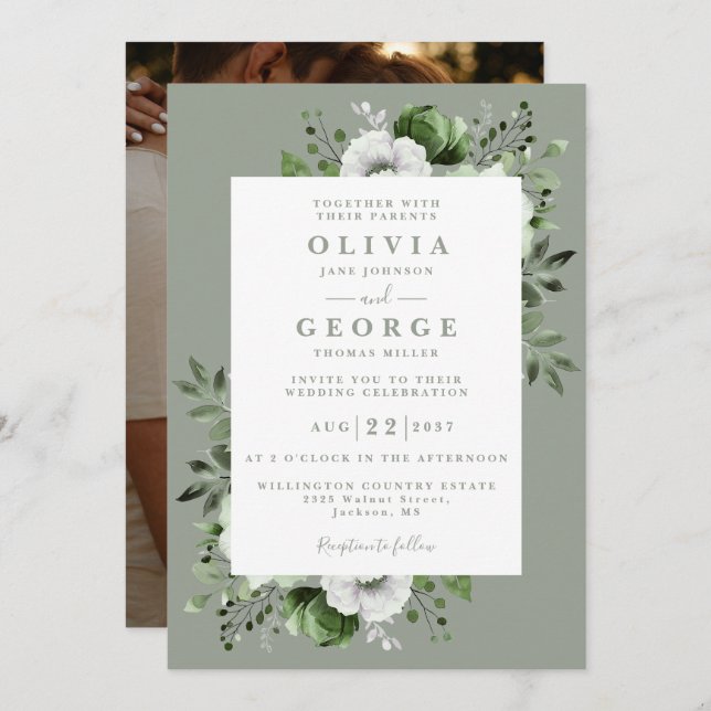 Invitación Sage Green Elegant Botanic Photo Boda (Anverso / Reverso)