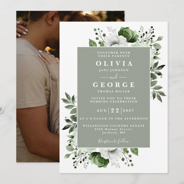 Invitación Sage Green Elegant Botanic Photo Boda (Anverso / Reverso)