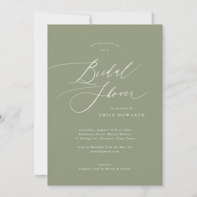 Invitación Sage Green Elegant Calligraphy Bridal Shower (Anverso)