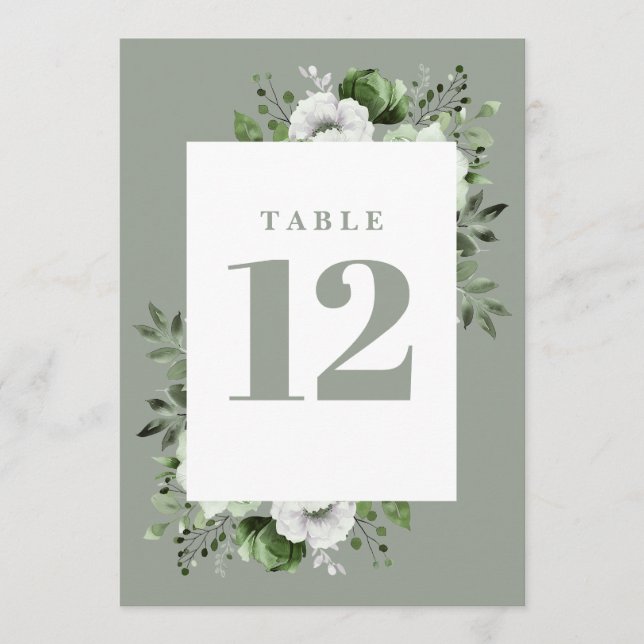 Invitación Sage Green Elegant Country Floral Table Number (Anverso)