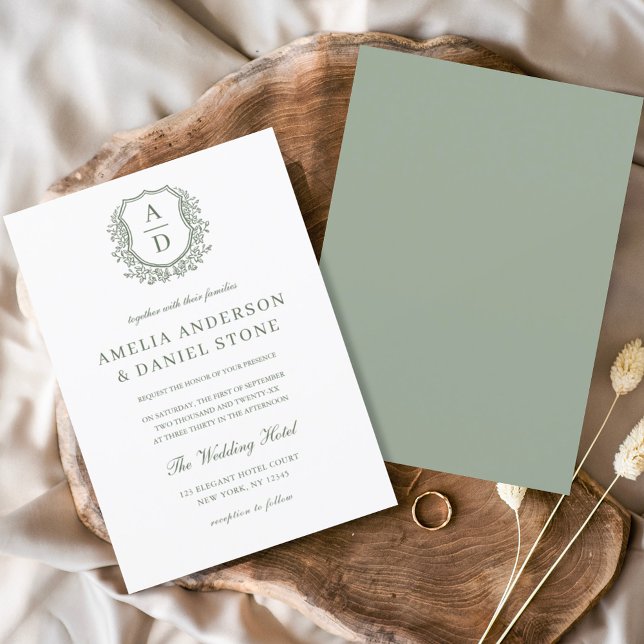 Invitación Sage Green Elegant Escudo Floral Monograma Boda (Subido por el creador)