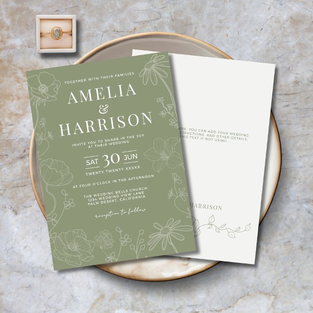 Invitación Sage Green Elegant Floral Boda (Sage Green Elegant Floral Wedding Invitation with Line Art Flowers, Optional Text on Back.)