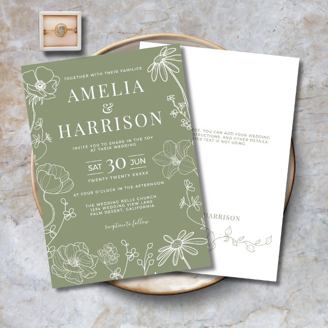 Invitación Sage Green Elegant Floral Line Art Boda (Sage Green Elegant Floral Line Art Wedding Invitation with Optional Text on Back.)