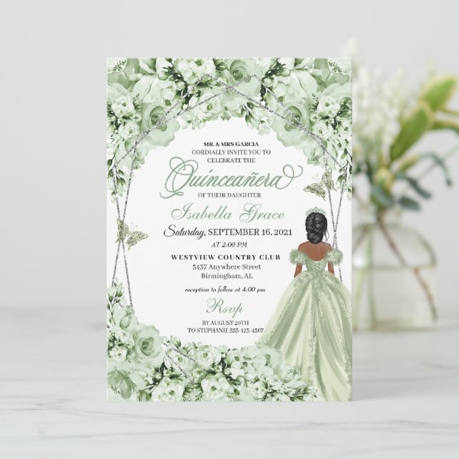 Invitación Sage Green Elegant Floral Quinceanera (Anverso de pie)