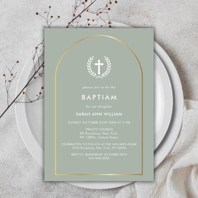 Invitación Sage Green Elegant Gold Arch Wreath Cross Baptism (Sage Green Elegant Gold Arch Wreath Cross Baptism Invitation)