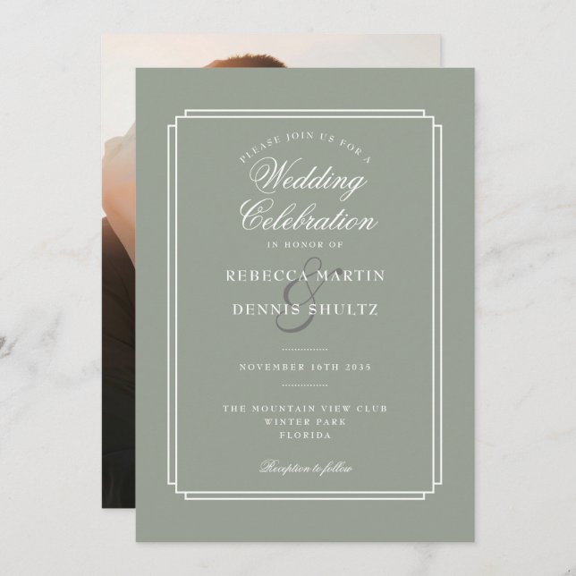 Invitación Sage Green Elegant Script Art Deco Photo Boda (Anverso / Reverso)