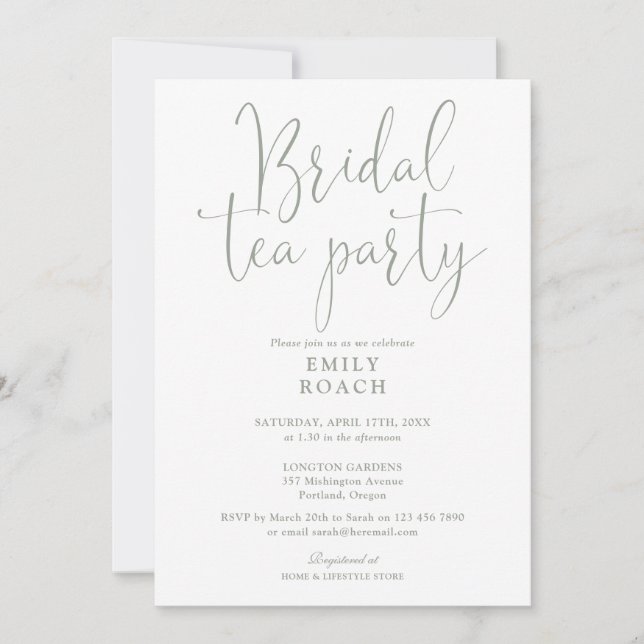Invitación Sage Green Elegant Script Bridal Tea Fiesta Ducha (Anverso)