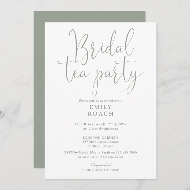Invitación Sage Green Elegant Script Bridal Tea Fiesta Ducha (Anverso / Reverso)