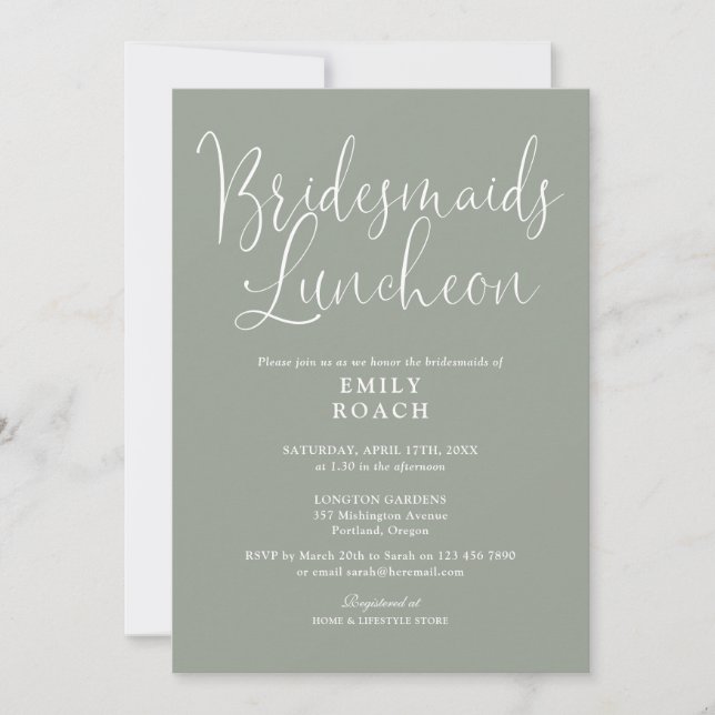 Invitación Sage Green Elegant Script Bridesmaids Luncheon (Anverso)