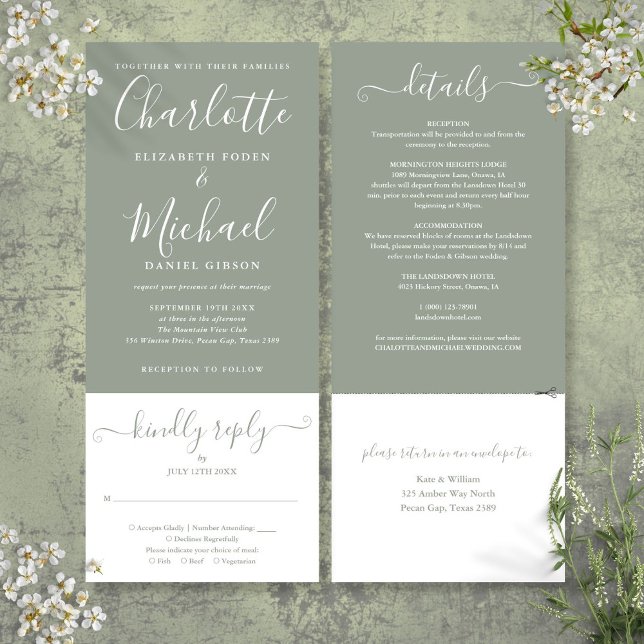 Invitación Sage Green Elegant Script Todo En Un Boda (Sage Green Elegant Script All In One Wedding Invitation)