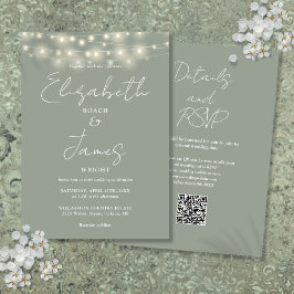 Invitación Sage Green Elegant String Lights QR Code Boda