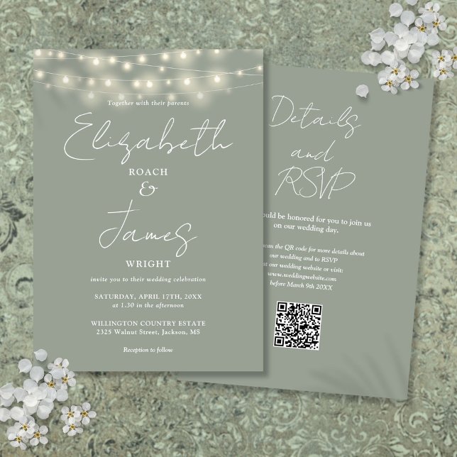 Invitación Sage Green Elegant String Lights QR Code Boda (Sage Green Elegant String Lights QR Code Wedding Invitation)