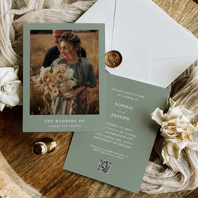 Invitación Sage Green Elegant Text y Photo QR Code Boda (Subido por el creador)