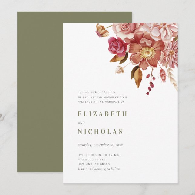 Invitación Sage Green Elegant Watercolor Floral Boda (Anverso / Reverso)