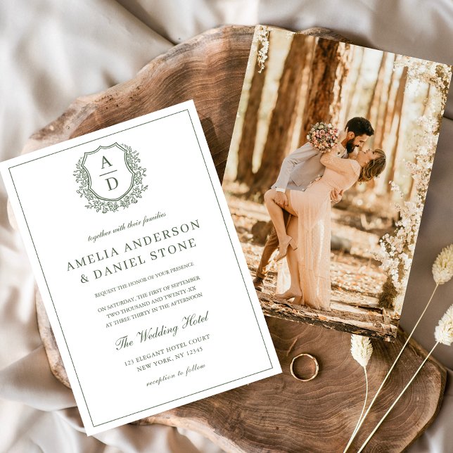 Invitación Sage Green Elegante Escudo de Leafy Monograma Boda (Subido por el creador)