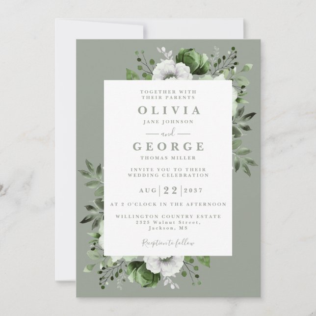 Invitación Sage Green Elegent Country Floral QR Code Boda (Anverso)