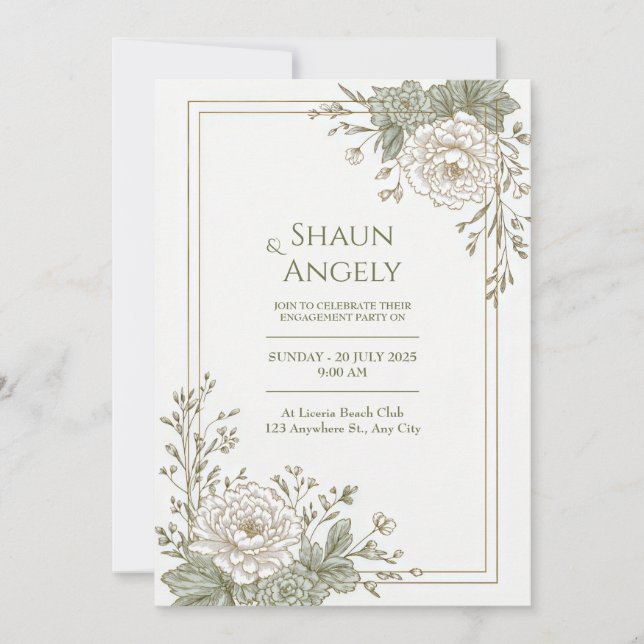 Invitación Sage Green Engraved Peony Gold Frame Wedding (Anverso)