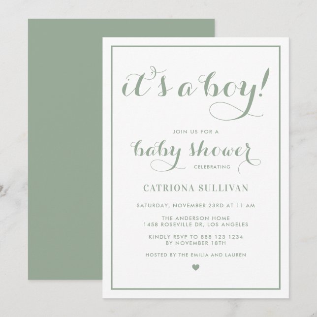 Invitación Sage Green es un Baby Shower de caligrafía de niño (Anverso / Reverso)