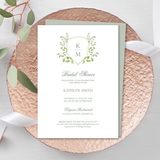 Invitación Sage Green Escudo Monograma Moderno Ducha Nodal (Subido por el creador)