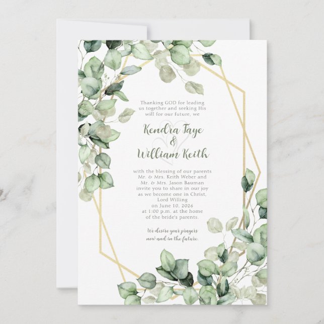 Invitación Sage Green Eucalyptus Gold Geometric Wedding (Anverso)
