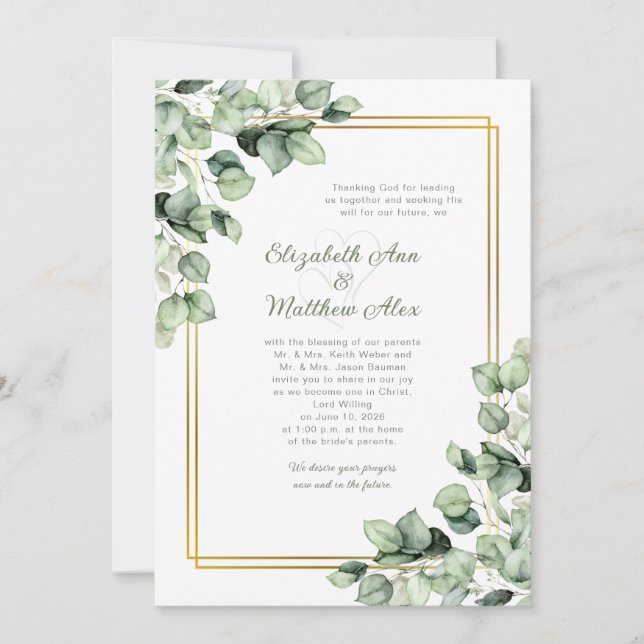 Invitación Sage Green Eucalyptus Greenery Gold Frame Wedding (Anverso)