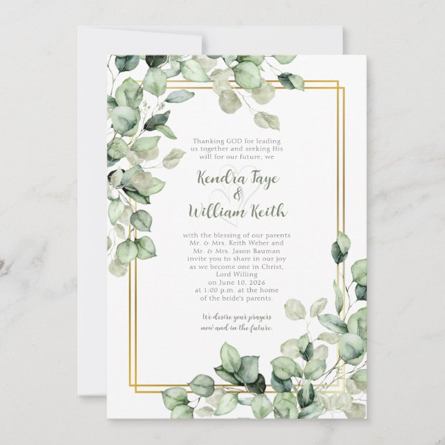 Invitación Sage Green Eucalyptus Leaves Gold Frame Wedding (Anverso)