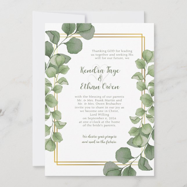 Invitación Sage Green Eucalyptus Leaves Gold Frame Wedding (Anverso)