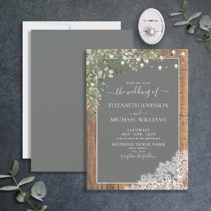 Invitación Sage Green Eucalyptus Wood Lace Script Boda
