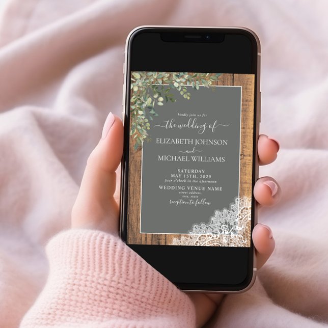 Invitación Sage Green Eucalyptus Wood Lace Script Boda (Subido por el creador)