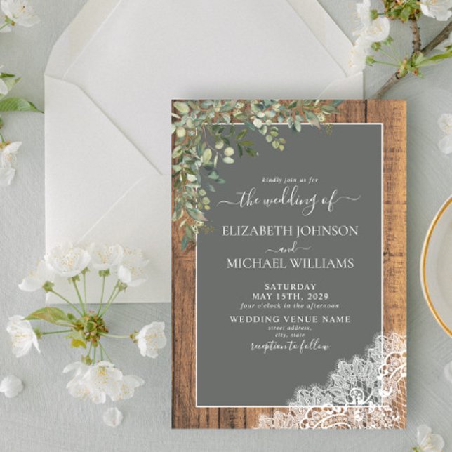 Invitación Sage Green Eucalyptus Wood Lace Script Boda (Subido por el creador)