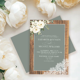 Invitación Sage Green Eucalyptus Wood Lace Script Boda Inv