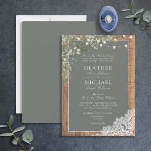 Invitación Sage Green Eucalyptus Wood Lace Script Boda Inv
