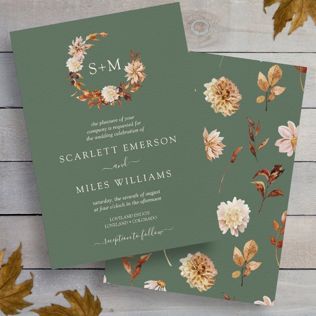 Invitación Sage Green Fall Terracotta Monograma Wreath Boda (Sage Green Fall Terracotta Monogram Wreath Wedding Invitation
)