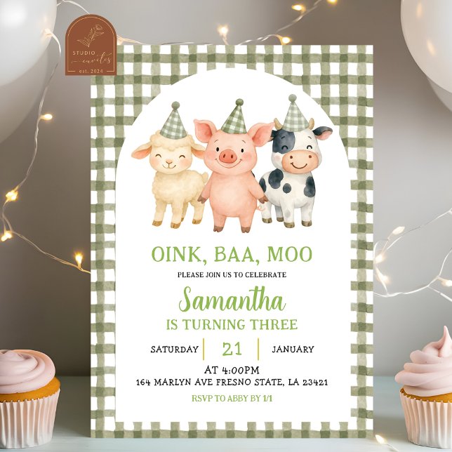 Invitación Sage Green Farm Party Gingham Birthday (Subido por el creador)