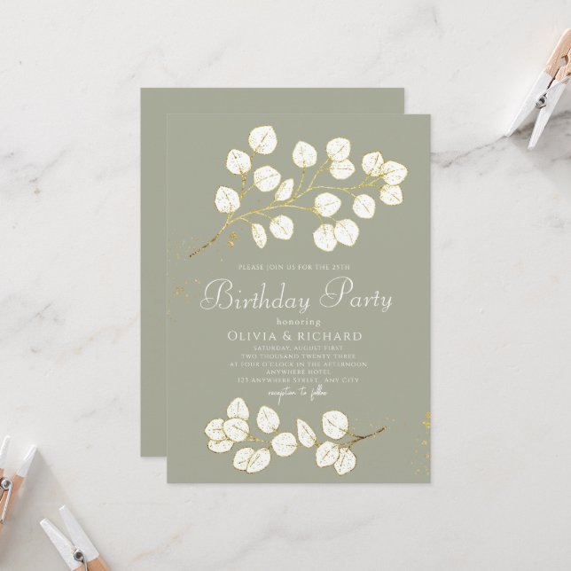 Invitación Sage Green Faux Gold Greenerenery Eucalyptus (Anverso/Reverso In Situ)