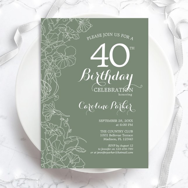 Invitación Sage Green Floral 40th Birthday Fiesta (Subido por el creador)