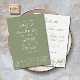 Invitación Sage Green Floral All In One Elegant Wedding