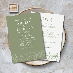 Invitación Sage Green Floral All In One Elegant Wedding