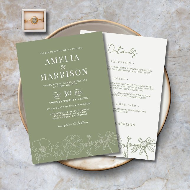 Invitación Sage Green Floral All In One Elegant Wedding (Sage Green Floral All-In-One Elegant Wedding Invitation with Line Art Flowers, Details on the Back.)