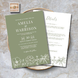 Invitación Sage Green Floral All In One Elegant Wedding