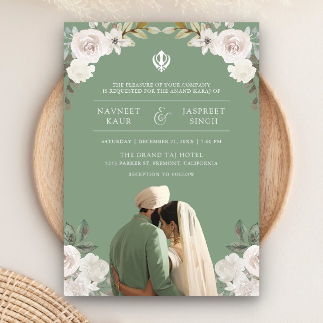Invitación Sage Green Floral Anand Karaj Boda Sikh indio (Subido por el creador)