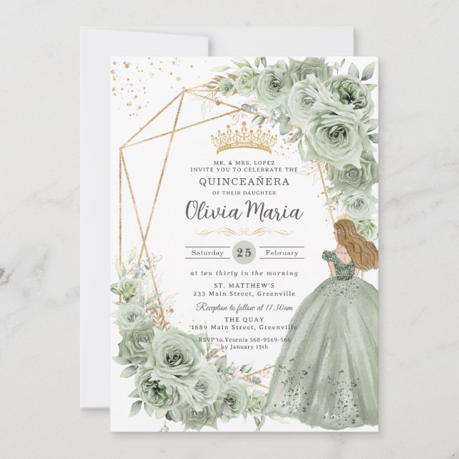 Invitación Sage Green Floral Blonde Princesa Quinceañera Gold (Anverso)