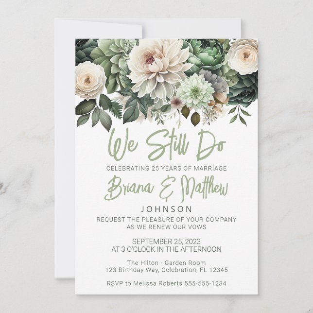 Invitación Sage Green Floral Boda Vow Renovación (Anverso)