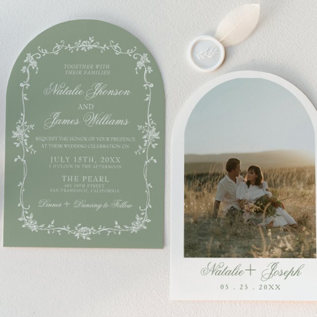 Invitación Sage Green Floral Boho Botanical Arched Wedding (Subido por el creador)