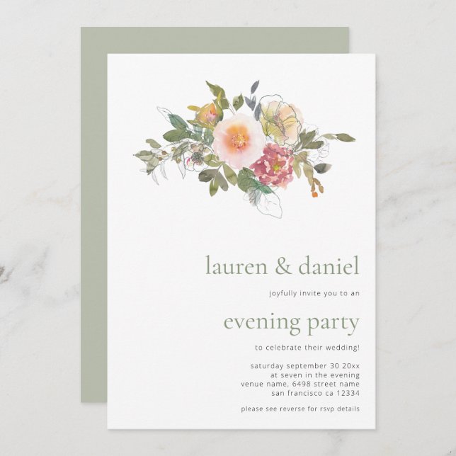 Invitación Sage Green Floral Bouquet QR Boda Fiesta de la noc (Anverso / Reverso)