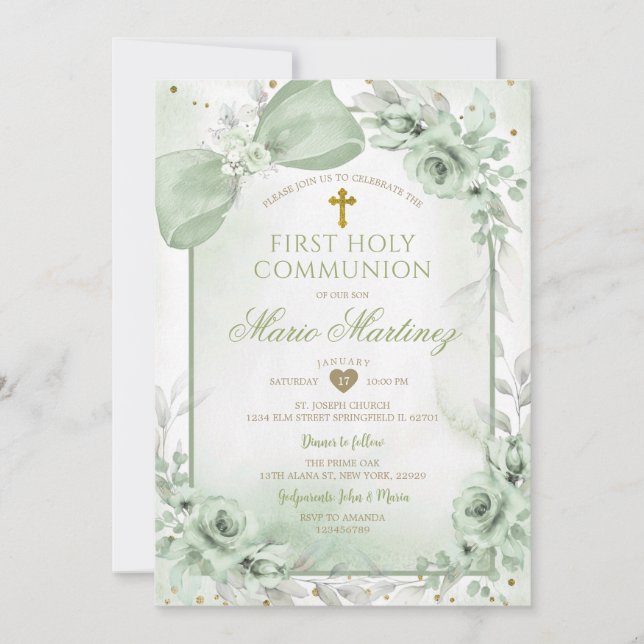 Invitación Sage Green Floral Boy Cross First Holy Communion (Anverso)