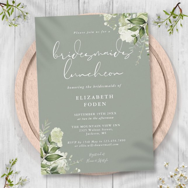 Invitación Sage Green Floral Bridesmaids Luncheon (Sage Green Floral Bridesmaids Luncheon Invitation)