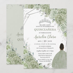 Invitación Sage Green Floral Brown Chica Silver 15 Quinceañer