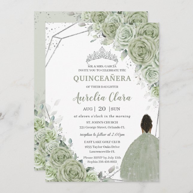 Invitación Sage Green Floral Brown Chica Silver 15 Quinceañer (Anverso / Reverso)